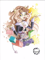 Size: 2122x2826 | Tagged: safe, artist:jawart728, clawdeen wolf (monster high), crescent (monster high), animal humanoid, canine, cat, feline, fictional species, mammal, werewolf, wolf, feral, humanoid, mattel, monster high, 2012, belt, bottomwear, brown hair, choker, clothes, duo, duo female, ear piercing, earring, eyeshadow, fangs, female, fur, hair, high res, jacket, long sleeves, makeup, open mouth, orange eyes, piercing, purple fur, sharp teeth, shopping bag, simple background, skirt, tail, teeth, topwear, traditional art, white background