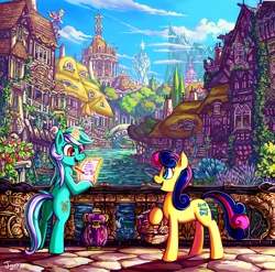 Size: 3552x3508 | Tagged: safe, artist:jowybean, bon bon (mlp), derpy hooves (mlp), lyra heartstrings (mlp), earth pony, equine, fictional species, mammal, pony, unicorn, feral, friendship is magic, hasbro, my little pony, basket, cloud, color porn, cute, detailed, duo, female, high res, house, magic, mare, mountain, open mouth, paper, pencil, ponyville, profile, river, scenery, scenery porn, side view, sky, technical advanced, telekinesis, twilight's castle, water