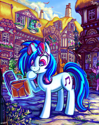 Size: 2736x3458 | Tagged: safe, artist:jowybean, vinyl scratch (mlp), equine, fictional species, mammal, pony, unicorn, feral, friendship is magic, hasbro, my little pony, color porn, detailed, digital art, female, glasses, headphones, high res, levitation, magic, scenery, solo, solo female, telekinesis, town, traditional art