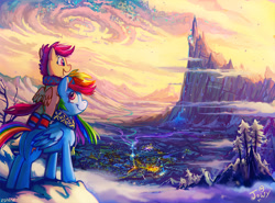 Size: 1098x812 | Tagged: safe, artist:jowybean, rainbow dash (mlp), scootaloo (mlp), equine, fictional species, mammal, pegasus, pony, feral, friendship is magic, hasbro, my little pony, :t, bipedal, bipedal leaning, butt, clothes, cloud, color porn, cute, duo, female, filly, foal, glowing, leaning, looking up, magic, majestic, mare, mountain, mountain range, open mouth, scarf, scenery, scenery porn, smiling, snow, snowfall, valley, water, waterfall, winter, young