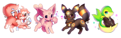 Size: 3100x980 | Tagged: safe, artist:foxlett, oc, oc only, eevee, eeveelution, espeon, fakemon, fictional species, hybrid, mammal, snivy, sylveon, umbreon, feral, semi-anthro, nintendo, pokémon, 2020, ambiguous gender, blue eyes, chibi, clothes, commission, cute, fusion, group, high res, hoodie, kemono, ocbetes, one eye closed, purple eyes, red eyes, signature, simple background, starter pokémon, topwear, transparent background