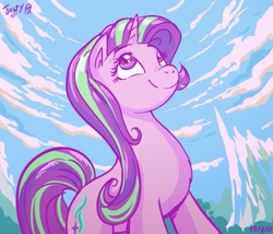 Size: 719x616 | Tagged: safe, artist:jowybean, starlight glimmer (mlp), equine, fictional species, mammal, pony, unicorn, feral, friendship is magic, hasbro, my little pony, cloud, cute, female, looking up, low angle, mare, scenery, signature, sky, smiling, solo, solo female