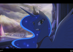 Size: 1284x908 | Tagged: safe, artist:jowybean, princess luna (mlp), alicorn, equine, fictional species, mammal, pony, feral, friendship is magic, hasbro, my little pony, angry, balcony, castle, cloud, cloudy, female, glare, gritted teeth, horn, letterboxing, mare, mountain, mountain range, scenery, solo, solo female, spread wings, sunbeam, teeth, wings