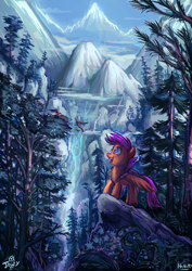 Size: 2480x3508 | Tagged: safe, artist:jowybean, scootaloo (mlp), bird, equine, fictional species, mammal, pegasus, phoenix, pony, feral, friendship is magic, hasbro, my little pony, female, forest, high res, mare, mountain, nest, open mouth, scenery, scenery porn, signature, solo, solo female, technical advanced, water, waterfall