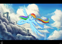 Size: 1311x926 | Tagged: safe, artist:jowybean, rainbow dash (mlp), equine, fictional species, mammal, pegasus, pony, feral, friendship is magic, hasbro, my little pony, cutie mark, female, flying, letterboxing, mare, scenery, signature, solo, solo female