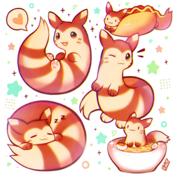 Size: 1100x1112 | Tagged: safe, artist:foxlett, ferret, fictional species, furret, mammal, mustelid, feral, nintendo, pokémon, 2020, ambiguous gender, bowl, curled up, cute, food, group, heart, hot dog, kemono, noodles, one eye closed, paw pads, paws, pictogram, ramen, simple background, sleeping, stars, white background, winking