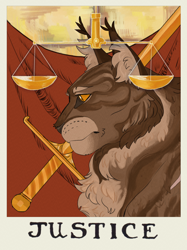 Size: 1990x2654 | Tagged: safe, artist:exxo-yawning, bramblestar (warrior cats), cat, feline, mammal, feral, warrior cats, 2020, amber eyes, brown fur, english text, fur, high res, justice, male, scale, solo, solo male, sword, tarot, tarot card, text, weapon