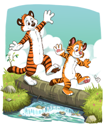 Size: 850x1019 | Tagged: safe, artist:pandapaco, hobbes (calvin and hobbes), oc, oc:axel shadowpaw, big cat, feline, mammal, tiger, anthro, digitigrade anthro, calvin and hobbes, 2020, cute, digital art, duo, duo male, male, males only, paw pads, paws, photoshop, river, signature, size difference, underpaw, walking, water