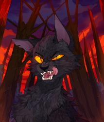 Size: 1596x1864 | Tagged: safe, artist:darkmoonray, breezepelt (warrior cats), cat, feline, mammal, feral, warrior cats, 2020, forest, licking lips, looking at you, male, orange eyes, sharp teeth, solo, solo male, teeth, tongue, tongue out