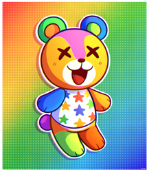 Size: 1152x1325 | Tagged: safe, artist:emilythemeowth, stitches (animal crossing), animate object, bear, fictional species, living plushie, mammal, anthro, plantigrade anthro, animal crossing, nintendo, 2020, abstract background, clothes, color porn, cub, cute, double outline, male, paws, plushie, shirt, solo, solo male, topwear, x eyes, young