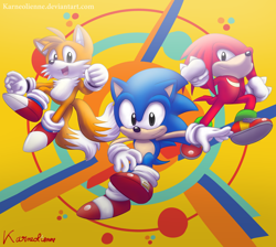 Size: 1900x1700 | Tagged: safe, artist:karneolienne, classic knuckles, classic sonic, classic tails, knuckles the echidna (sonic), miles "tails" prower (sonic), sonic the hedgehog (sonic), canine, echidna, fox, mammal, monotreme, red fox, anthro, sega, sonic mania, sonic the hedgehog (series), 2017, dipstick tail, fluff, group, male, males only, multiple tails, orange tail, quills, red tail, signature, tail, tail fluff, team sonic (sonic), trio, trio male, two tails, white tail