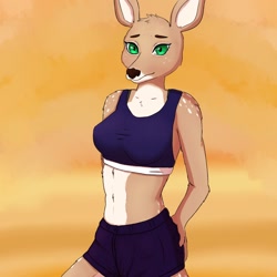 Size: 1280x1280 | Tagged: safe, artist:cooliehigh, cervid, deer, mammal, anthro, bottomwear, clothes, crop top, female, green eyes, midriff, shorts, solo, solo female, tank top, topwear