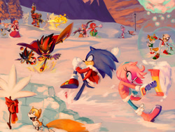 Size: 2067x1566 | Tagged: safe, artist:knockabiller, amy rose (sonic), blaze the cat (sonic), cheese (sonic), cream the rabbit (sonic), e-123 omega (sonic), knuckles the echidna (sonic), miles "tails" prower (sonic), rouge the bat (sonic), shadow the hedgehog (sonic), silver the hedgehog (sonic), sonic the hedgehog (sonic), vanilla the rabbit (sonic), bat, canine, cat, chao, echidna, feline, fictional species, fox, hedgehog, lagomorph, mammal, monotreme, rabbit, red fox, robot, anthro, feral, humanoid, plantigrade anthro, semi-anthro, sega, sonic the hedgehog (series), 2016, bench, candy cane, cape, clothes, coat, conifer tree, dipstick tail, dress, female, flamethrower, fluff, fur, group, lamp post, lavender fur, lavender tail, male, master emerald, multiple tails, musical instrument, orange tail, purse, quills, red tail, shoes, shovel, sneakers, snow, snowball, snowball fight, snowman, tail, tail fluff, telekinesis, topwear, trumpet, two tails, white tail, winter