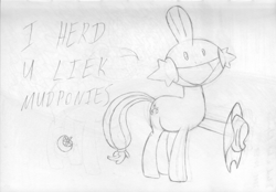 Size: 1553x1080 | Tagged: safe, artist:moon flower, furbooru exclusive, applejack (mlp), earth pony, equine, fictional species, mammal, mudkip, pony, feral, friendship is magic, hasbro, my little pony, nintendo, pokémon, 2018, ambiguous gender, clothes, crossover, cutie mark, dialogue, english, english text, fusion, grayscale, hair, hair band, hat, holding, hoof hold, hooves, i herd u liek mudkips, looking at you, meme, monochrome, not salmon, open mouth, pencil drawing, pun, raised leg, simple background, solo, solo ambiguous, standing, starter pokémon, tail, talking, text, three-quarter view, tongue, traditional art, wat, white background