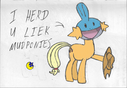 Size: 1553x1080 | Tagged: safe, artist:moon flower, furbooru exclusive, applejack (mlp), earth pony, equine, fictional species, mammal, mudkip, pony, feral, friendship is magic, hasbro, my little pony, nintendo, pokémon, 2018, ambiguous gender, black eyes, blue skin, clothes, colored, crossover, cutie mark, dialogue, digital art, english, english text, fur, fusion, gimp, hair, hair band, hat, holding, hoof hold, hooves, i herd u liek mudkips, looking at you, meme, mixed media, not salmon, open mouth, orange fur, pencil drawing, pun, raised leg, simple background, solo, solo ambiguous, standing, starter pokémon, tail, talking, text, three-quarter view, tongue, traditional art, wat, white background, yellow tail