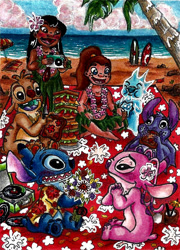 Size: 756x1051 | Tagged: safe, artist:fofostyle, angel (lilo & stitch), lilo pelekai (lilo & stitch), reuben (lilo & stitch), slushy (lilo & stitch), snooty (lilo & stitch), stitch (lilo & stitch), victoria (lilo & stitch), alien, experiment (lilo & stitch), fictional species, human, mammal, semi-anthro, disney, lilo & stitch, aloha shirt, antennae, beach, beach blanket, beach umbrella, blue body, blue fur, blue nose, blushing, bouquet, camera, clothes, dagwood sandwich, dipstick antennae, ears, eating, female, flower, fluff, food, freckles, fur, grass skirt, group, hair, head fluff, hibiscus, lei, male, open mouth, open smile, outdoors, palm tree, picnic, pink fur, ponytail, purple fur, purple nose, record, record player, red nose, sandwich, shirt, smiling, surfboard, tan fur, topwear, torn ear, traditional art, tree, umbrella