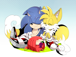 Size: 1200x900 | Tagged: safe, artist:unichrome-uni, knuckles the echidna (sonic), miles "tails" prower (sonic), sonic the hedgehog (sonic), canine, echidna, fox, hedgehog, mammal, monotreme, red fox, anthro, feral, sega, sonic the hedgehog (series), 2015, cute, dipstick tail, eating, feralized, fluff, food, fruit, grapes, group, male, males only, multiple tails, orange tail, quills, red tail, tail, tail fluff, trio, trio male, two tails, white tail