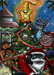 Size: 504x701 | Tagged: safe, artist:fofostyle, gantu (lilo & stitch), jumba jookiba (lilo & stitch), lilo pelekai (lilo & stitch), nani pelekai (lilo & stitch), stitch (lilo & stitch), topper (lilo & stitch), wendy pleakley (lilo & stitch), alien, experiment (lilo & stitch), fictional species, human, kweltikwan, mammal, plorgonarian, shaelik, anthro, humanoid, semi-anthro, disney, lilo & stitch, 4 eyes, ambiguous gender, blue eyes, blue fur, candy, candy cane, carrying, child, christmas, christmas tree, clothes, collar, conifer tree, costume, ears, female, food, fur, gift, glowing, group, happy, holiday, male, multiple tongues, night, one eye, open mouth, open smile, santa costume, smiling, tongue, torn ear, tree, two tongues, wreath, young