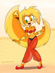 Size: 1600x2114 | Tagged: safe, artist:magmortar75, coco bandicoot (crash bandicoot), shantae (shantae), bandicoot, mammal, marsupial, anthro, plantigrade anthro, crash bandicoot (series), shantae (series), belly button, belly dancer outfit, blonde hair, cosplay, crossover, desert, female, hair, sexy, solo, solo female