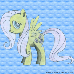 Size: 1000x1000 | Tagged: safe, artist:moon flower, fluttershy (mlp), arthropod, butterfly, equine, fictional species, insect, mammal, pegasus, pony, feral, series:moon flower's fluttershy, friendship is magic, hasbro, my little pony, 1:1, 2016, abstract background, colored, coloured pencil drawing, cutie mark, digital art, female, fur, gimp, hair, hooves, looking at you, mane, mixed media, on model, pencil drawing, pink hair, pink tail, profile picture, side view, signature, smiling, solo, solo female, spread wings, standing, tail, traditional art, tutorial result, wings, yellow fur