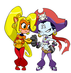Size: 1280x1310 | Tagged: safe, artist:mario-grant, coco bandicoot (crash bandicoot), nina cortex (crash bandicoot), risky boots (shantae), shantae (shantae), bandicoot, human, mammal, marsupial, anthro, plantigrade anthro, crash bandicoot (series), shantae (series), blonde hair, bottomwear, clothes, cosplay, crossover, duo, duo female, female, hair, magic lamp, pants, pirate hat