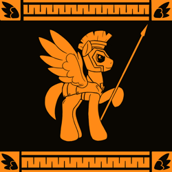 Size: 720x720 | Tagged: safe, artist:redquoz, equine, fictional species, mammal, pegasus, pony, semi-anthro, friendship is magic, hasbro, my little pony, armor, black background, guard, helmet, male, simple background, solo, solo male, spear, stallion, weapon, wings, wings open