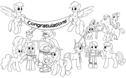 Size: 1942x1200 | Tagged: safe, artist:redquoz, apple bloom (mlp), applejack (mlp), blossomforth (mlp), bon bon (mlp), bulk biceps (mlp), minuette (mlp), pinkie pie (mlp), rainbow dash (mlp), scootaloo (mlp), sweetie belle (mlp), trixie (mlp), twilight sparkle (mlp), oc, oc:comet chaser, oc:star bright, earth pony, equine, fictional species, mammal, pegasus, pony, robot, unicorn, feral, semi-anthro, friendship is magic, hasbro, my little pony, apple cider, banner, blank flank, bow, brain, clothes, cutie mark crusaders (mlp), cyborg, eyepatch, female, filly, flying, foal, future twilight, glasses, group, hair bow, line art, male, mare, muscles, muscular male, necktie, organs, party, stallion, sunglasses, trench coat, vein, young