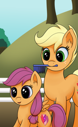 Size: 1561x2521 | Tagged: safe, artist:redquoz, applejack (mlp), scootaloo (mlp), earth pony, equine, fictional species, mammal, pegasus, pony, feral, friendship is magic, hasbro, my little pony, 2017, alternate hairstyle, brush, duo, duo female, female, female focus, fence, filly, foal, fur, green eyes, hair, hatless, mare, nudity, orange fur, purple eyes, purple hair, solo focus, tree, yellow hair, young