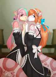 Size: 866x1200 | Tagged: safe, artist:accelo, oc, oc:accelo, oc:hideaki, big cat, feline, mammal, snow leopard, anthro, 2017, blue eyes, bow, clothes, cosplay, crossdressing, dress, duo, femboy, hair, hair accessory, hair over one eye, long hair, looking at you, maid outfit, male, multicolored hair, orange hair, pink hair, pink nose, re:zero, red eyes, tail, teal hair, two toned hair