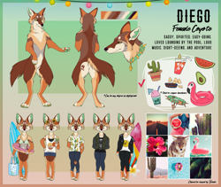 Size: 1301x1100 | Tagged: safe, artist:violentfumes, oc, oc only, oc:diego (violentfumes), canine, coyote, mammal, anthro, digitigrade anthro, semi-anthro, 2019, accessories, avocado, bra, cactus, character name, cheek fluff, chest fluff, clothes, collar, color palette, colored pupils, colored sclera, digital art, drink, ear fluff, featureless crotch, female, fluff, food, front view, fruit, green body, inner tube, irl, neck fluff, paw pads, paws, photo, plant, reference sheet, solo, solo female, spiked collar, standing, straw, surfboard, teal eyes, underpaw, underwear, watermark, yellow sclera