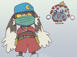 Size: 800x600 | Tagged: safe, artist:boke_, artist:ぼけー, huepow (klonoa), klonoa (klonoa), ambiguous species, fictional species, mammal, ring spirit, anthro, bandai namco, klonoa, namco, 2020, biohazard, bottomwear, cheek fluff, clothes, collar, colored sclera, coronavirus, duo, duo male, face mask, fluff, gloves, gradient background, hat, looking at you, male, males only, mask, open mouth, pants, signature, yellow sclera