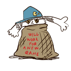 Size: 827x827 | Tagged: safe, artist:boke_, artist:ぼけー, klonoa (klonoa), ambiguous species, mammal, anthro, bandai namco, klonoa, namco, bags under eyes, clothes, english text, hat, long ears, looking at you, male, potato sack, simple background, smiling, solo, solo male, text, white background