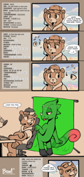 Size: 2383x4996 | Tagged: safe, artist:braeburned, c.j. (animal crossing), flick (animal crossing), beaver, chameleon, lizard, mammal, reptile, rodent, anthro, plantigrade anthro, animal crossing, animal crossing: new horizons, nintendo, 2020, anthro/anthro, backwards ballcap, barbie doll anatomy, baseball cap, boots, cap, chair, chat, click (animal crossing), clothes, dialogue, digital art, duo, duo male, english text, featureless crotch, freckles, glasses, green screen, hat, headphones, interspecies, invisible, keyboard, kiss on the cheek, lidded eyes, livestream, looking at each other, male, male/male, males only, microphone, nudity, open mouth, paw pads, paws, piercing, recording, shipping, shoes, signature, smiling, streamer, streaming, sunglasses, swearing, tail, talking, text, tongue, tongue out, underpaw, vulgar