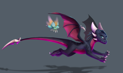 Size: 2012x1200 | Tagged: safe, artist:kitsuta, cynder the dragon (spyro), arthropod, dragon, dragonfly, fictional species, insect, western dragon, feral, spyro the dragon (series), the legend of spyro, claws, dragoness, duo, female, flying, horns, running, signature, simple background, smiling, solo, solo female, solo focus, wings