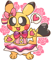 Size: 856x1012 | Tagged: safe, artist:pixelthepikachu, pikachu pop star (pokémon), fictional species, mammal, pikachu, semi-anthro, nintendo, pokémon, pokémon omega ruby & alpha sapphire, 2020, clothes, cosplay pikachu, cute, dress, female, looking at you, paw pads, paws, pictogram, simple background, solo, solo female, starry eyes, tail, transparent background, wingding eyes