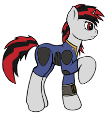Size: 1060x1200 | Tagged: safe, artist:redquoz, oc, oc:blackjack, equine, fictional species, mammal, pony, unicorn, feral, fallout equestria, fallout, friendship is magic, hasbro, my little pony, alternate design, fallout equestria: project horizons, female, fur, hair, lifted leg, pipbuck, red eyes, red hair, security, side view, simple background, small horn, solo, solo female, striped hair, transparent background, vault suit, white fur
