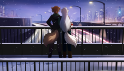 Size: 2240x1280 | Tagged: safe, artist:twokinds, raine (twokinds), zen (twokinds), canine, fictional species, keidran, mammal, wolf, anthro, twokinds, duo, evening, fence, hot drink in cold weather, looking at something, overpass, road, scenery, scenery porn, skyscraper, snow, standing, street light