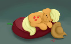 Size: 1920x1200 | Tagged: safe, artist:redquoz, applejack (mlp), earth pony, equine, fictional species, mammal, pony, feral, friendship is magic, hasbro, my little pony, 8:5, applejack's hat, curled up, cushion, female, freckles, fur, hair, hair tie, hatless, nudity, orange fur, sleeping, solo, solo female, yellow hair
