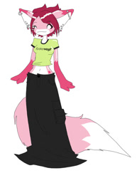 Size: 720x933 | Tagged: safe, artist:seppuku, nameless oc, oc, oc only, canine, fox, mammal, anthro, 2003, bottomwear, clothes, cute, ear piercing, female, glamfur, industrial piercing, kemono, no pupils, pants, piercing, shirt, simple background, skirt, solo, solo female, tail, topwear, vixen, white background
