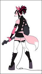 Size: 454x801 | Tagged: safe, artist:seppuku, nameless oc, oc, oc only, canine, fox, mammal, anthro, plantigrade anthro, 2005, bass guitar, boots, bottomwear, clothes, female, glamfur, looking at you, looking back, looking back at you, shoes, simple background, skirt, solo, solo female, tail, white background