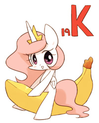 Size: 800x1000 | Tagged: safe, artist:joycall6, part of a set, princess celestia (mlp), alicorn, equine, fictional species, mammal, pony, feral, series:joycall6's periodic table, friendship is magic, hasbro, my little pony, banana, blushing, chemistry, crown, cute, female, food, fruit, jewelry, k, kalium, mare, periodic table, potassium, regalia, riding, simple background, solo, solo female, white background, wings