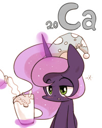 Size: 800x1000 | Tagged: safe, artist:joycall6, part of a set, princess luna (mlp), alicorn, equine, fictional species, mammal, pony, feral, series:joycall6's periodic table, friendship is magic, hasbro, my little pony, blushing, calcium, chemistry, clothes, drink, female, glass, hat, horn, levitation, mare, milk, nightcap, periodic table, simple background, sleepy, solo, solo female, telekinesis, white background