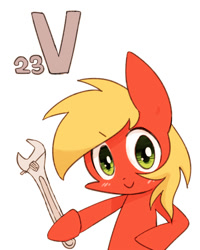 Size: 800x1000 | Tagged: safe, artist:joycall6, part of a set, big macintosh (mlp), earth pony, equine, fictional species, mammal, pony, feral, series:joycall6's periodic table, friendship is magic, hasbro, my little pony, blushing, chemistry, holding, holding object, looking at you, male, periodic table, simple background, solo, solo male, stallion, vanadium, white background, wrench