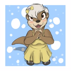 Size: 1250x1250 | Tagged: safe, artist:louart, mammal, mustelid, otter, anthro, 2d, blushing, clothes, cute, dress, female, hair, looking at you, looking up, looking up at you, open mouth, solo, solo female, tail