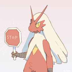 Size: 700x700 | Tagged: safe, artist:boke_, blaziken, fictional species, anthro, nintendo, pokémon, ambiguous gender, bags under eyes, claws, colored sclera, holding object, looking at you, sign, simple background, solo, solo ambiguous, starter pokémon, stop sign, yellow sclera