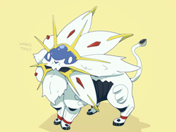 Size: 800x600 | Tagged: safe, artist:boke_, fictional species, legendary pokémon, mammal, solgaleo, feral, nintendo, pokémon, ambiguous gender, dialogue, looking at you, owo, simple background, solo, solo ambiguous, tail, talking, text, yellow background