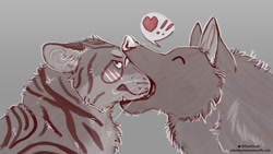 Size: 1227x690 | Tagged: safe, artist:naoma hiru, big cat, canine, feline, fictional species, mammal, tiger, werewolf, wolf, feral, series:wholesome werewuffs, ambiguous gender, annoyed, blushing, cheek fluff, duo, ears laid back, exclamation point, fangs, fluff, fur, gray background, happy, head fluff, heart, interspecies, kissing, limited palette, monochrome, neck fluff, sharp teeth, shipping, side view, simple background, snout in mouth, speech bubble, striped fur, teeth, whiskers