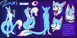 Size: 1280x640 | Tagged: safe, artist:claws-and-paws, oc, oc only, oc:zuri (oceansend), dragon, fictional species, furred dragon, mammal, anthro, digitigrade anthro, 2016, abstract background, arm fluff, blue fur, blushing, character name, cheek fluff, collar, color palette, digital art, ear fluff, featureless crotch, fluff, forked tongue, front view, fur, head fluff, long tail, male, neck fluff, open mouth, paws, pink eyes, pink fur, rear view, reference sheet, sharp teeth, side view, solo, solo male, standing, tail, teeth, three-quarter view, tongue, tongue out, white fur
