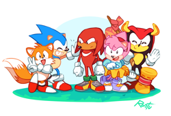 Size: 1000x680 | Tagged: safe, artist:rontufox, amy rose (sonic), knuckles the echidna (sonic), mighty the armadillo (sonic), miles "tails" prower (sonic), sonic the hedgehog (sonic), armadillo, canine, echidna, fox, hedgehog, mammal, monotreme, red fox, anthro, sega, sonic the hedgehog (series), 2016, classic mighty, dipstick tail, female, fluff, hammer, male, multiple tails, orange tail, piko piko hammer, quills, red tail, tail, tail fluff, two tails, white tail