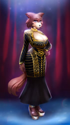 Size: 500x887 | Tagged: safe, artist:napellis, juno (beastars), canine, mammal, wolf, anthro, plantigrade anthro, beastars, big breasts, boob window, breasts, cleavage, clothes, curvy, dress, female, huge breasts, solo, solo female, wide hips